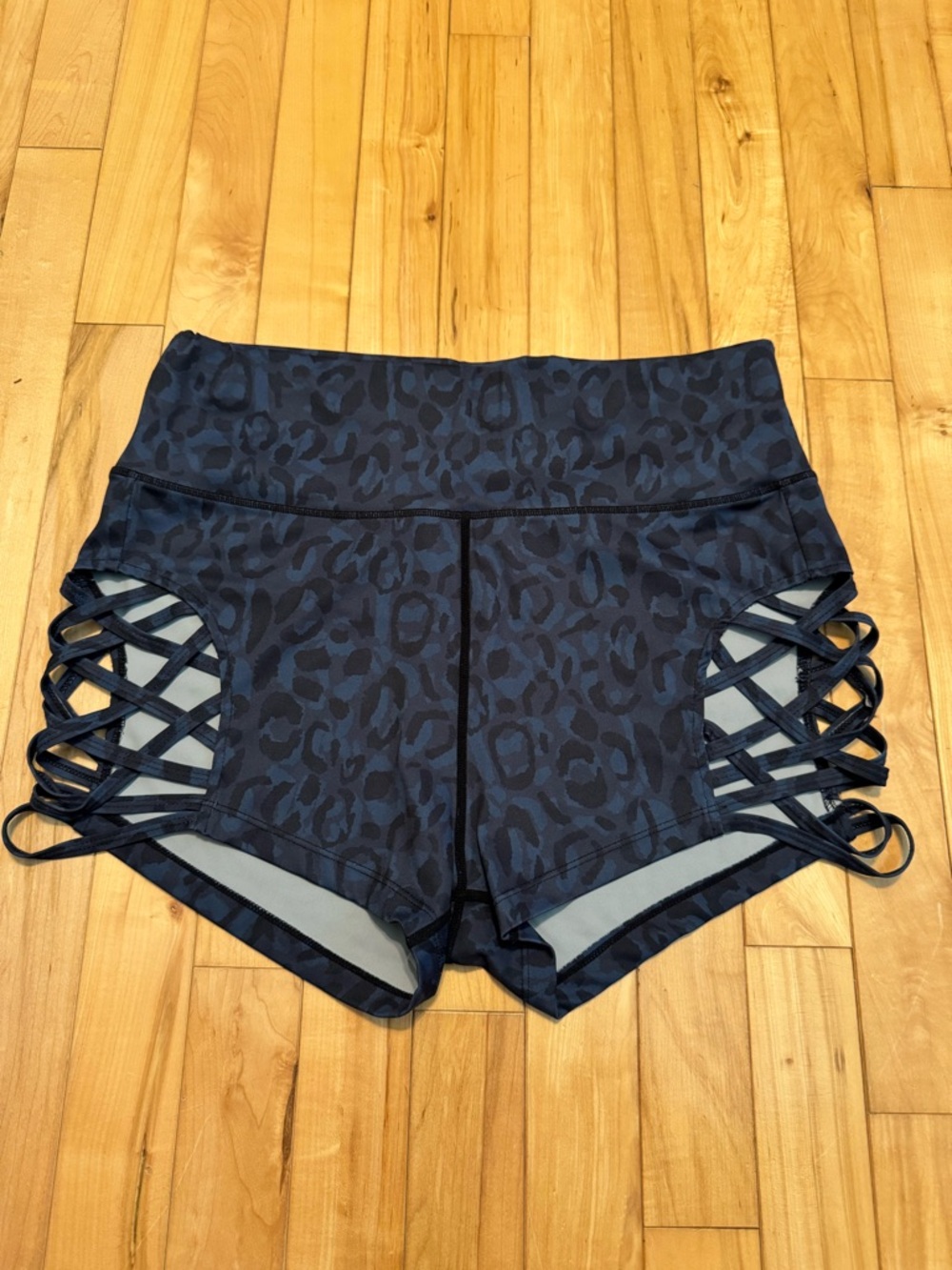 High-Waist Navy Leopard Print Lattice Side Women's Shorts XL